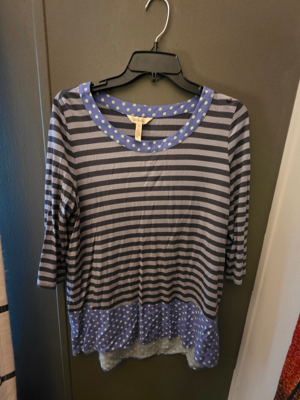 Matilda Jane Medium Long Sleeve Top Grey Black Stripe Blue Polka Dot Trim